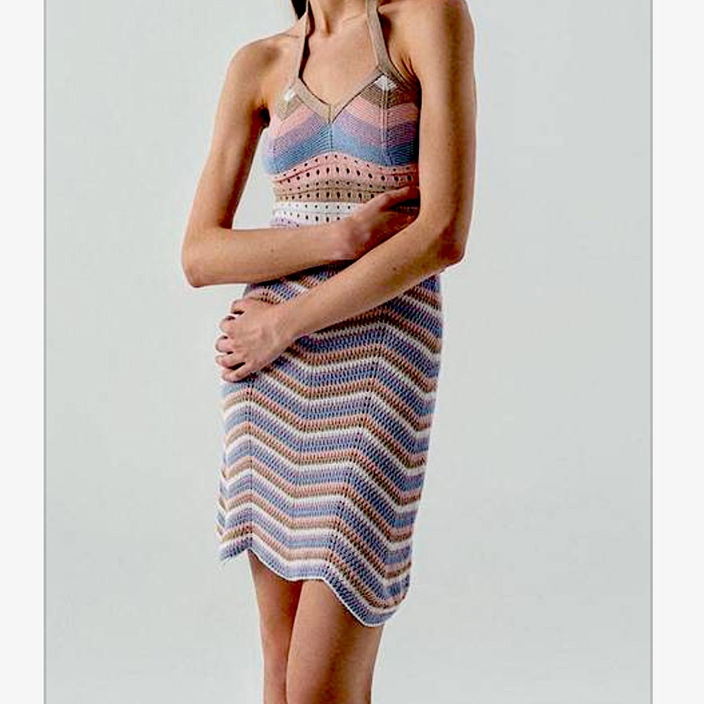 NWT Pink Rose striped pastel crocheted halter dress sz Large